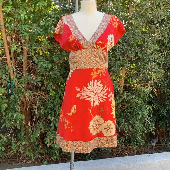 bebe Dresses & Skirts - BEBE Women's Red Floral 100% Silk Sleeveless A-Line Dress